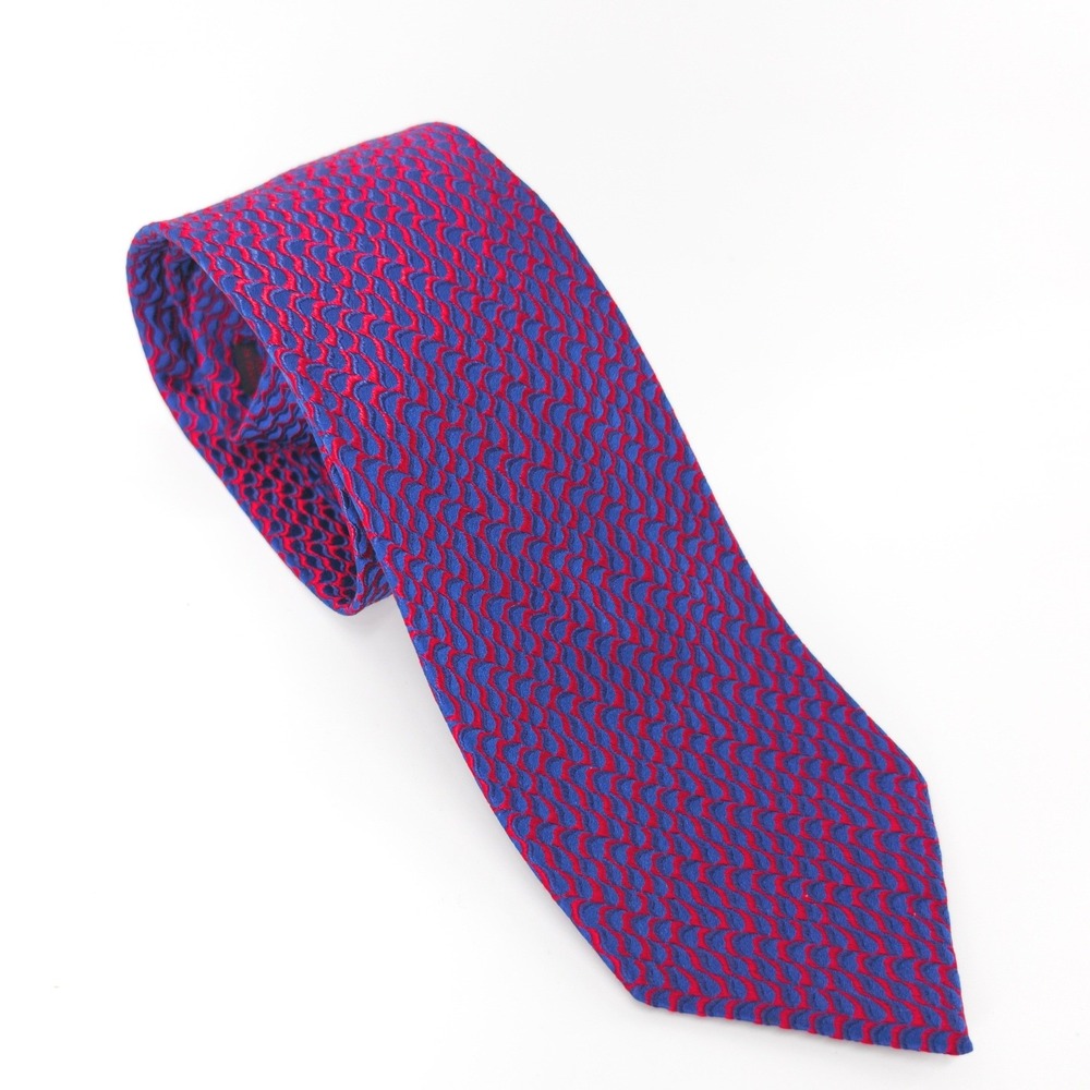 Charvet Place Vendome Mens Tie 100% Silk Blue Red Wave Geometric Pattern Luxury